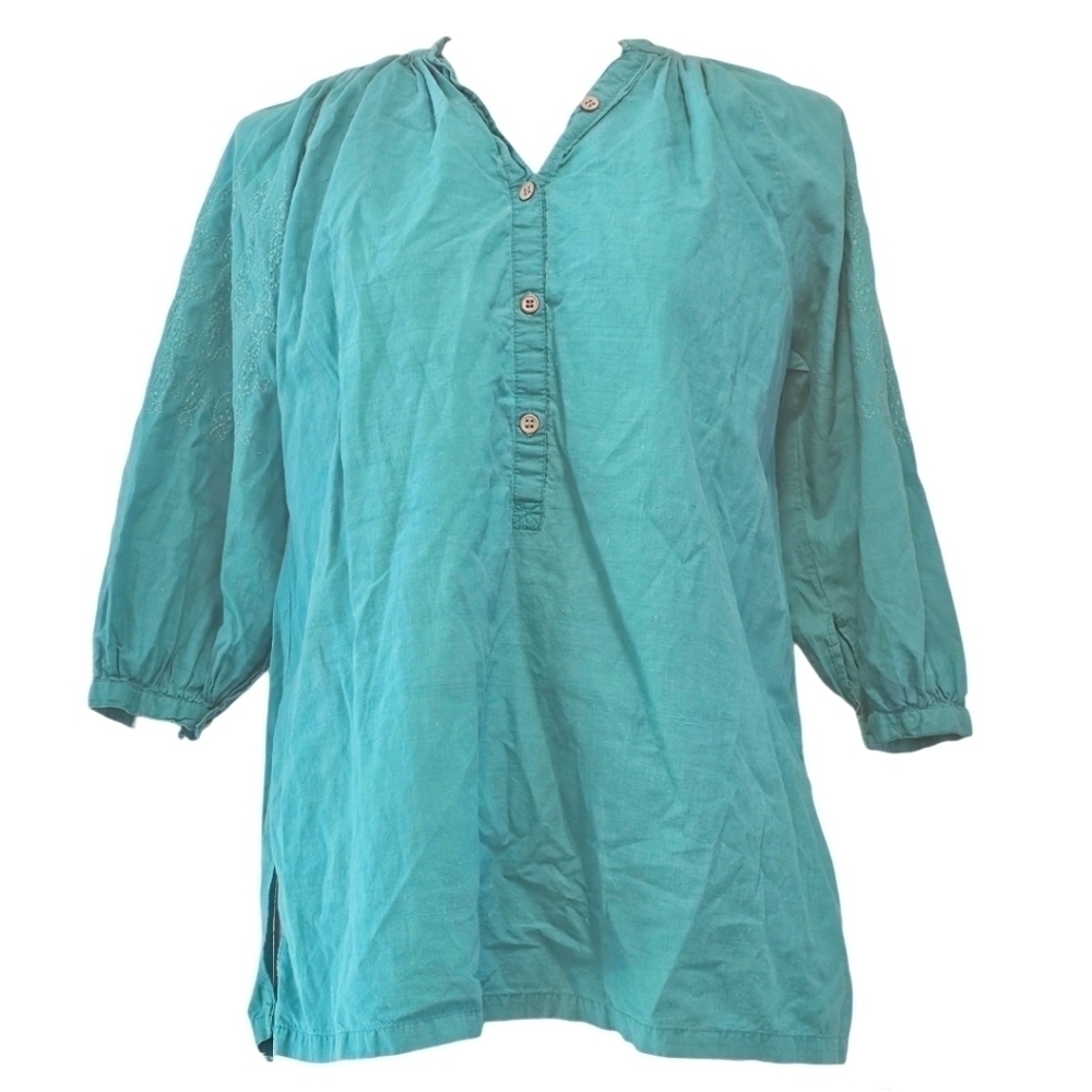 Vintage Fritzi San Francisco Green Peasant Blouse Embroidered 3/4 Sleeves Size M